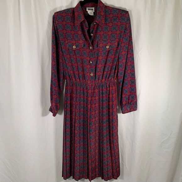 Leslie Fay Midi Dress Women's 8 Petite Red Blue Long Sleeve Collared Pleated - Picture 1 of 10